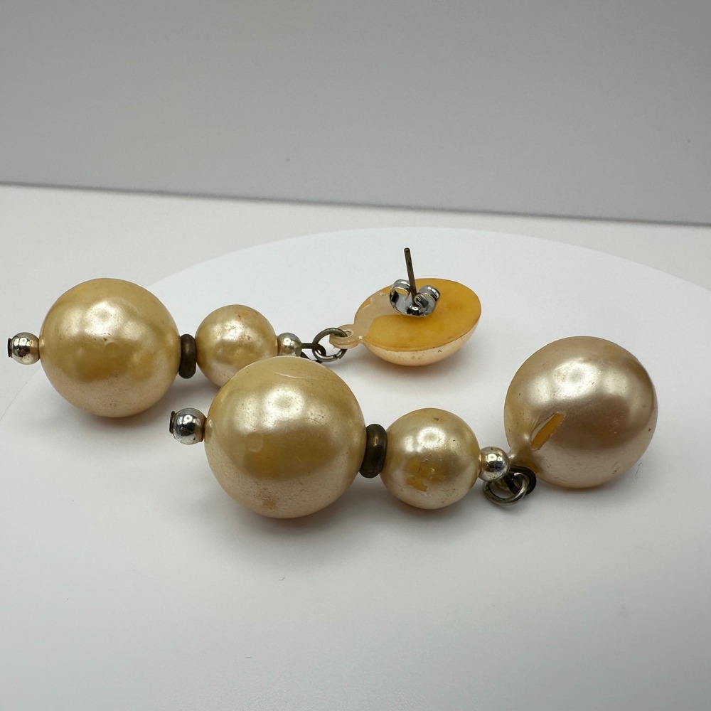 Vintage 80s Faux Pearl Drop Earrings Cream Graduated Bead Statement Dangle Retro - Picture 10 of 12